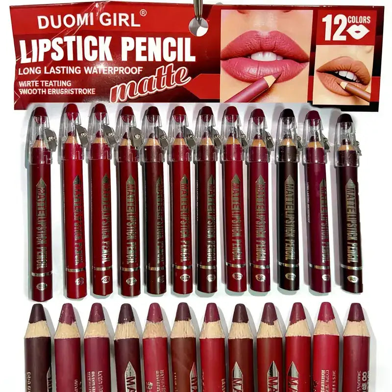 12Pcs Matte Lip Liner With Sharpener Set Waterproof Smudgeproof Precise Contour Lipstick Pens 🖌️