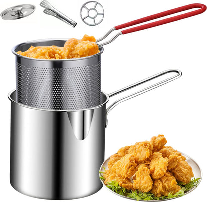Stainless Steel Deep Fryer Pot - with Strainer Basket and Handle